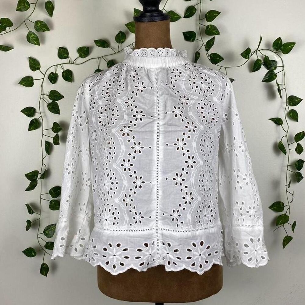 White eyelet cotton blouse cottage layering mesh scalloped hem victorian